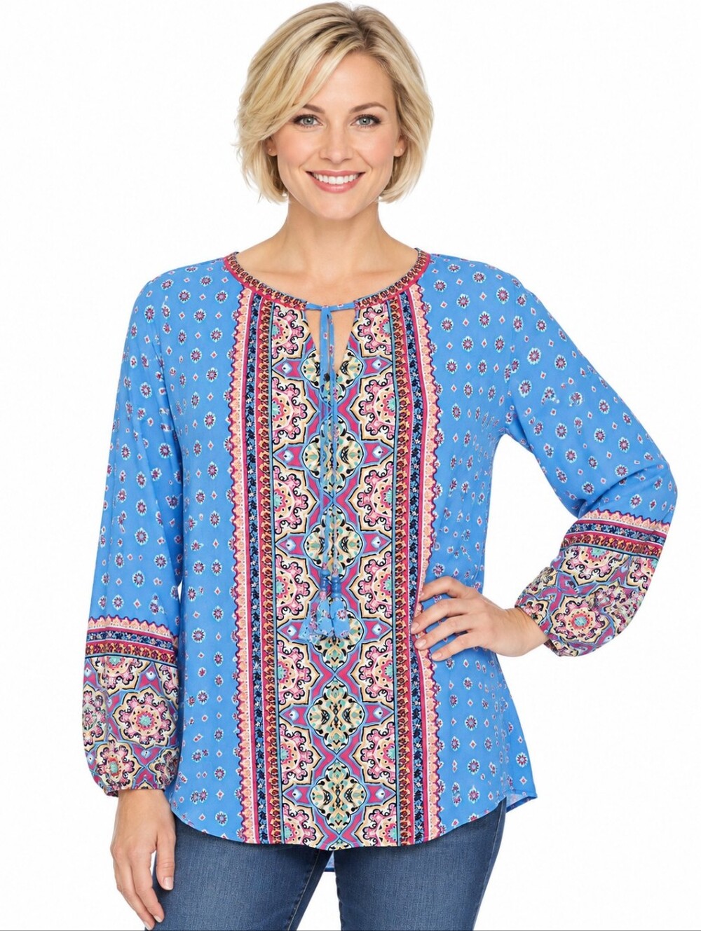 Belle Kim Gravel Womens Peasant Top 1X Blue Long Slv Tasseltie Boho reto 60's